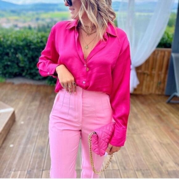 NWT PINK SATIN BUTTON DOWN BLOUSE Size XS - Picture 1 of 16